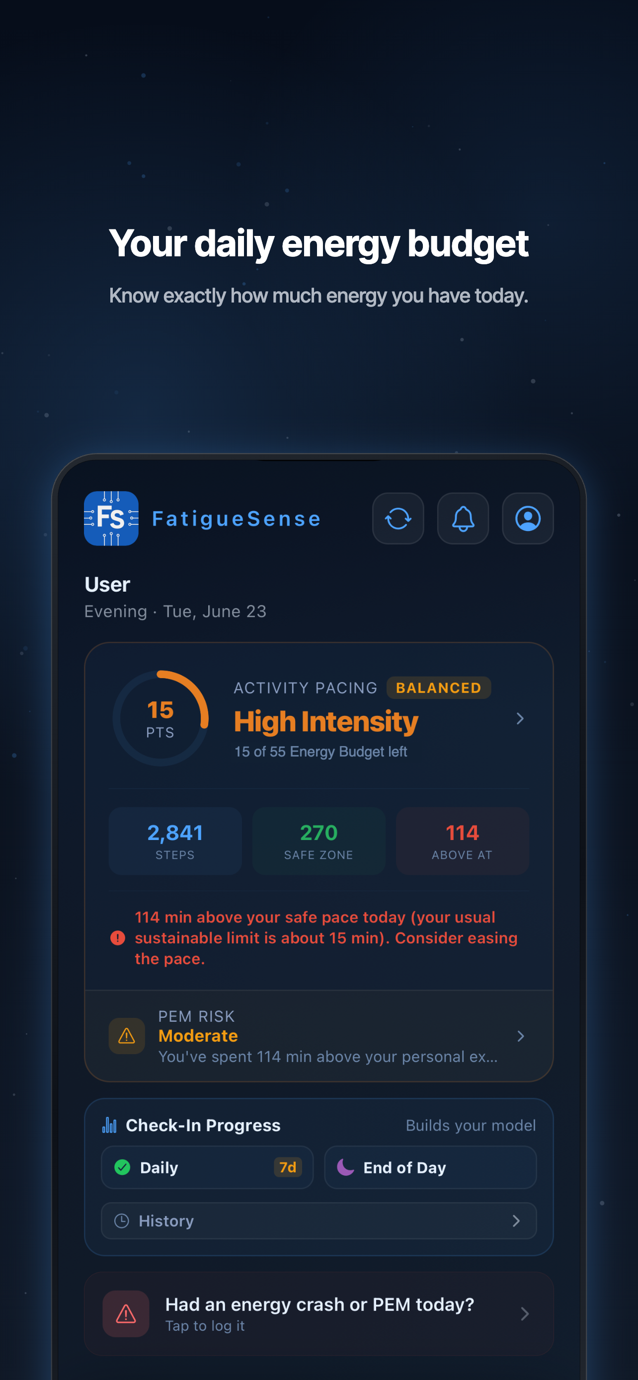 Your daily energy budget. Know exactly how much energy you have today.