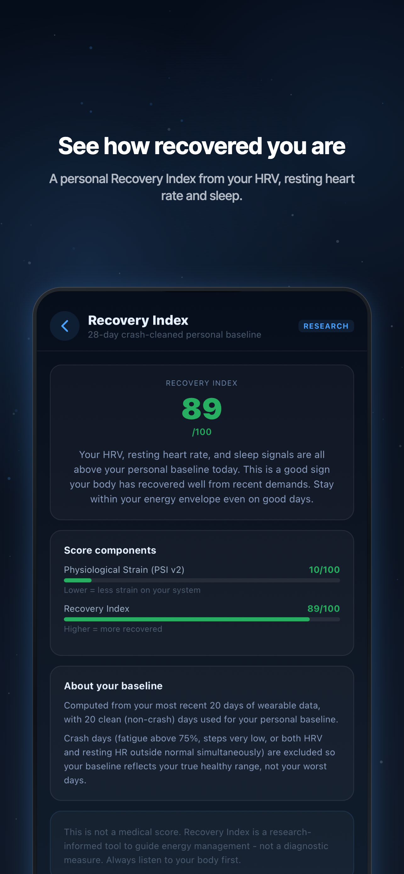 See how recovered you are. A personal Recovery Index from your HRV, resting heart rate and sleep.